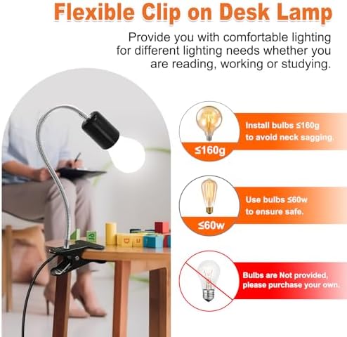 Clip-on E26/E27 Clamp Light Socket with 220 CM Cable, 360 Rotatable Flexible Desk Lamp, 9MM & 350MM Thickened Lengthened Gooseneck, Metal Base, for Bedside