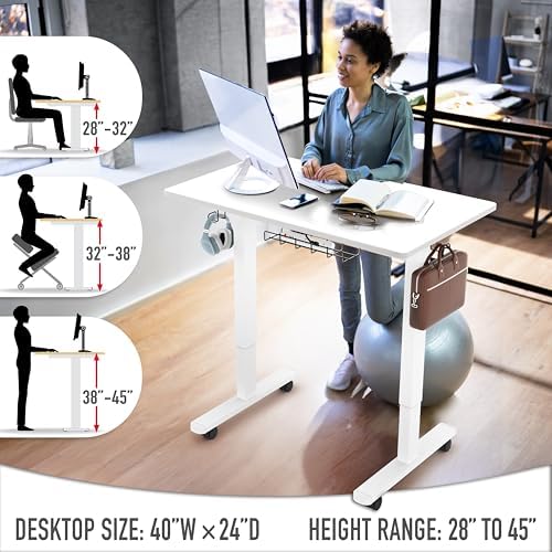 SHW Mobile Electric Height Adjustable Standing Desk w/Drawer, White