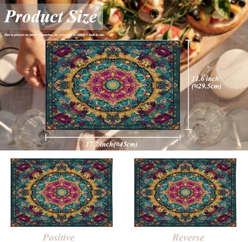Shrahala Exotic Rich Color Set of 4 12 X 18 Inch Linen Placemats, Ornate Details Swirling Forms Burlap Table Mat Washable Double Layered Heat Insulation for Indoor/Outdoor