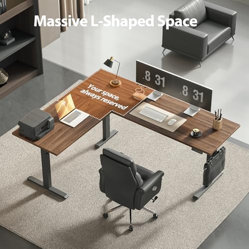 Agilestic 73 x 61 Inch L Shaped Electric Standing Desk, Dark Walnut