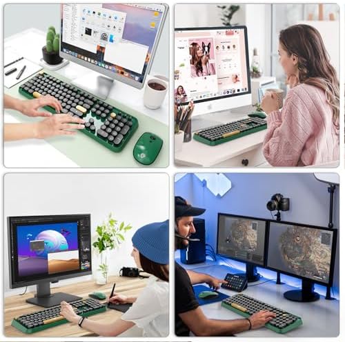FOPETT Wireless Keyboard and Mouse Combo, 104 Keys Full-Sized 2.4 GHz Round Keycap Colorful Keyboards, USB Receiver Plug and Play, for Windows, Mac, PC, Laptop, Desktop (Black Green)