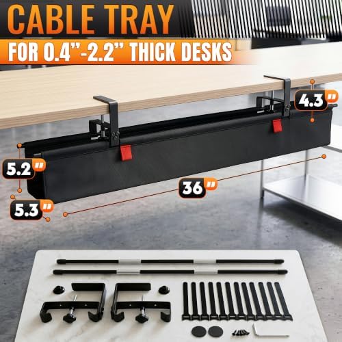 Under Desk Cable Management Tray 36" — No Drill Clamp-On Cord Organizer for Desk with Built-in Ties, Heavy Duty Metal Clamp, Foldable 600D Oxford Fabric for Home Office, WFH & Gaming PC Setup (Black)