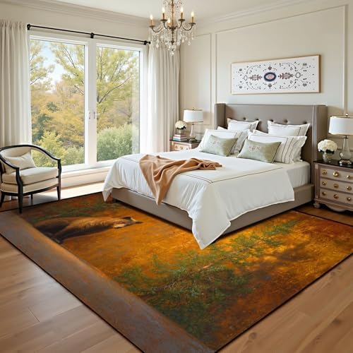 Calming Bear Forest Harmonious Warm Sunset Colors Area Rug Outdoor Patio Rug Play Mat Modern Floor Carpet Non-Slip Home Decor Living Room Kids Bedroom Nursery, 9x12 ft
