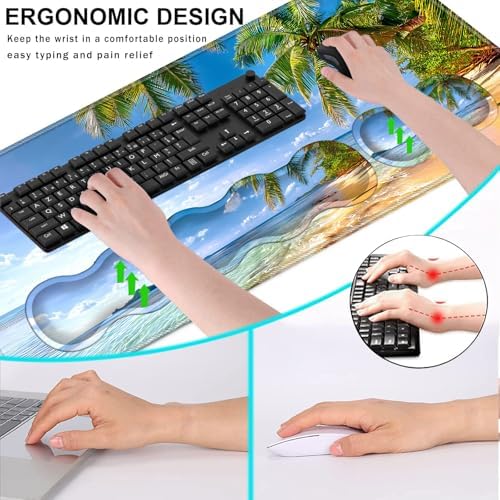 Keyboard Wrist Rest and Mouse Pad with Wrist Support Set Ergonomic Coaster,Memory Foam,Easy Typing Pain Relief,Large XL Desk Mat 31.5"x 11.8",Shore Palms Tropical Beach