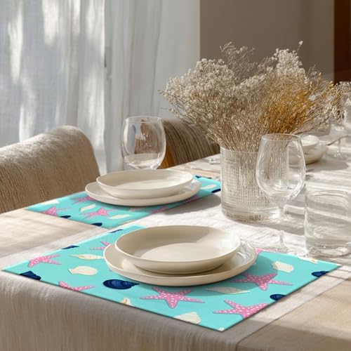 Shrahala Coastal Nautical Set of 6 12 X 18 Inch Linen Placemats, Repeat Pattern Seashells Red Burlap Table Mat Washable Double Layered Heat Insulation for Indoor/Outdoor