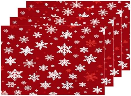 Shrahala Christmas White Snowflakes Set Of 4 12 X 18 Inch Linen Placemats , Red Background Cute Burlap Table Mat Washable Double Layered Heat Insulation For Indoor/Outdoor