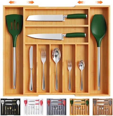 Bellsal Large Premium Bamboo Silverware Organizer - Expandable Utensil Drawer Organizer - 17"x19.6" Utensil Holder and Cutlery Tray with Grooved for Kitchen Flatware and Utensils