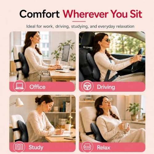 Memory Foam Lumbar Support Pillow,Back Support for Office Chair,Back Pillow for Chair,Lower Back Cushion for Desk Chair,Computer Chair,Gaming Chair and Car Seat,Washable Cover (Enhanced Black)