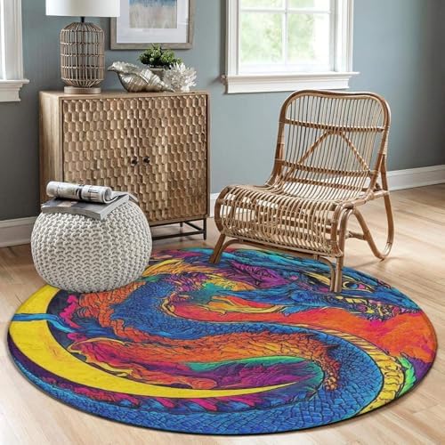 Home Decor Non Slip Kitchen Office Circle Rug, Machine Washable Modern Round Area Rug, Room Sofa Yoga Soft Round Carpet Mystery Dragon Trippy Art, 60inch