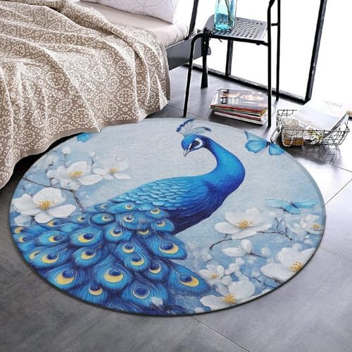 Home Decor Non Slip Kitchen Office Circle Rug, Machine Washable Modern Round Area Rug, Room Sofa Yoga Soft Round Carpet Blue Peacock and White Flowers, 36inch