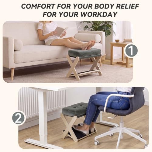 Adjustable Foot Rest Under Desk at Work, 16.6" Wide Wooden Ergonomic Footstool with 3 Height Options, Velvet Cushion, Non-Slip EVA Stepping Surface & Posture Support for Office, Home & Gaming