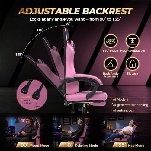 GTPLAYER Video Gaming Chair Fabric, Ergonomic Computer Chair with Footrest and Pocket Spring Cushion, Height Adjustable Video Gamer Chair with Lumbar Support for Adults, Pink