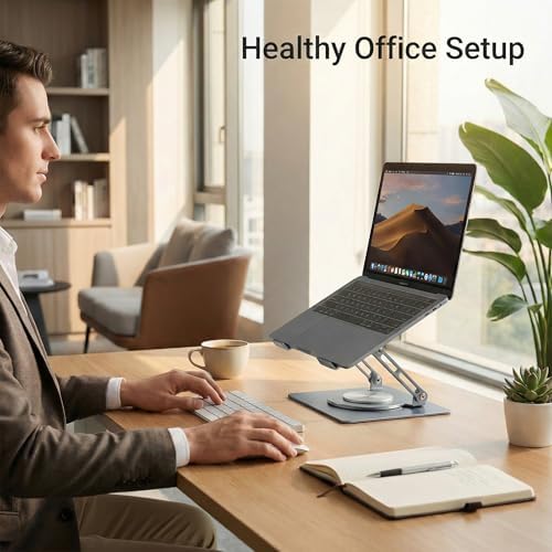 360 Rotating Aluminum Laptop Stand, Adjustable & Foldable Ergonomic Computer Stand, Compatible with MacBook, iPad, Dell, HP up to 16 Inches for Home & Office, Gray