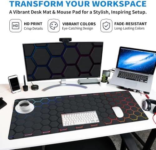 Extended Honeycomb Technology Desk Mat, XXL Large Gaming Mouse Pad, Neon-Inlaid Hexagons Stitched Edges Waterproof Non-Slip Rubber Base for Computer Keyboard Laptop Work Home Office 35.4"x15.7"