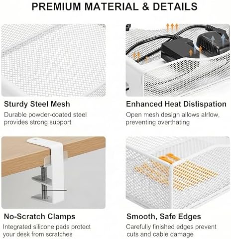 Extra Wide Under Desk Cable Management - 7inch No Drill Installation Cable Management Tray, Clamp/Screw Mount Desk Cable Management, Cable Management Tray for Office, Home((White, XL) (Pack of 2)