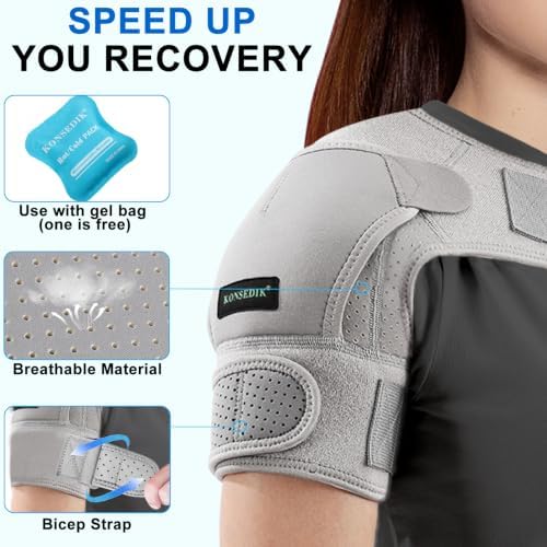 KONSEDIK Shoulder Brace Immobilizer with Ice Pack,Compression Rotator Cuff Support for AC Joint Pain Relief,Frozen Shoulder,Dislocation,Labrum Tear,Adjustable Wrap for Men&Women Left/Right(Gray,Medium)