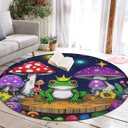 Room Sofa Yoga Soft Round Carpet, Home Decor Non Slip Kitchen Office Circle Rug, Machine Washable Modern Round Area Rug Magic Mushrooms Frog Trippy Art, 24inch