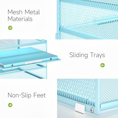 Lavatino 3-Tier Letter Tray Desk Paper Organizer – Blue Mesh Metal File Tray Organizer for Desk, Office Supplies & Home Organization | Fits A4/Letter Paper, Mail, Magazines and Office Accessories