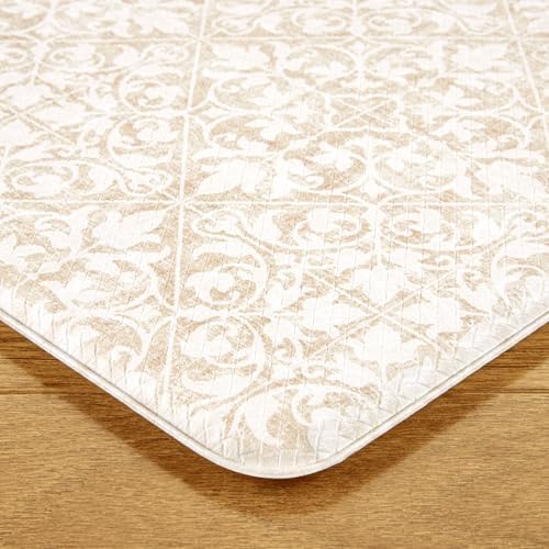 Town & Country Basics Comfort Plus Vintage Medallion Tile Anti Fatigue Comfort Mat, Kitchen Mat, Standing Desk Mat, Dorm Room Rug, Non-Slip Backing, Beige, 18"x39"