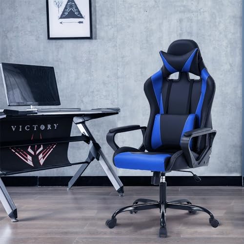 Blue Gaming Chair - High Back Ergonomic Office & PC Gaming Chair with Wheels, Reclining & Adjustable Headrest & Lumbar Support