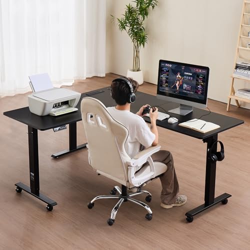 VEVOR L Shaped Standing Desk with Wheels, 63 x 55 inch 3-Level Height Adjustable Electric Corner Standing Desk with Power Outlet, Heavy Duty Carbon Steel Sit Stand Computer Table, Easy to Assemble