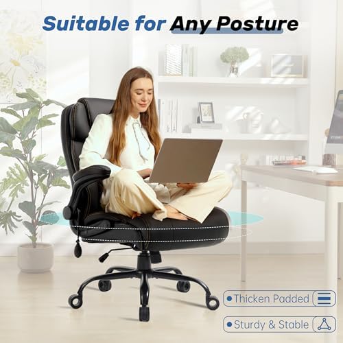 550LBS Big and Tall Office Chair, Comfy Heavy Duty Executive Chair with Adjustable Lumbar Support Double Spaces Casters, PU Leather Extra Wide Seat Ergonomic Computer Desk Chair for Back Pain, Black