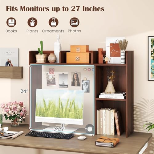 GIANTEX Desktop Bookshelf, Wood Desk Hutch Organizer for 27 Inch Computer Monitor, Countertop Storage Display Rack with 5 Shelves, Multipurpose Desktop Shelf Bookcase for Dorm Office Home, Walnut