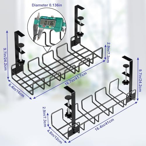 2 Pack Under Desk Cable Management Tray, No Drill Wire Management Rack