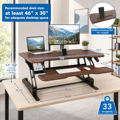 Mount-It! Large 38 Inch Standing Desk Converter, Sit Stand Desk Riser for Dual Monitors with Keyboard Tray, Height Adjustable Desktop Workstation, Easy Lift Gas Spring, Rustic Walnut Brown