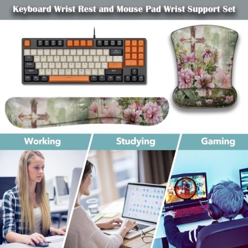 Ergonomic Keyboard Wrist Rest & Mouse Wrist Support Set with Lace Coaster, Gel Memory Foam Anti-Slip Base, Pain Relief for Typing, Cross Flowers