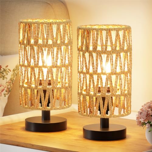 Table Lamps Set of 2 (Rattan Rope Shade - Black Base, 9" Inline Control)