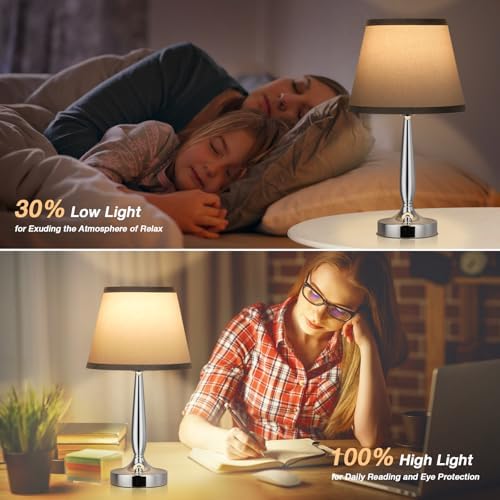 Kakanuo Touch Table Lamp for Bedroom, Small Bedside Lamp with USB C Charging Port, 3 Way Dimmable Touch Control Nightstand Lamp for Living Room and Office, Gray Shade and Silver Base