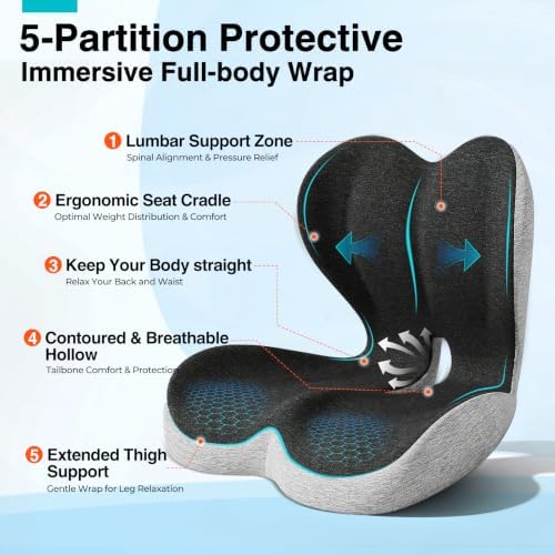 Seat Cushion for Office Chair, L-Shaped Memory Foam Truck Driver Seat Cushion, Ergonomic Sciatica & Tailbone Pain Relief Cushion with Non-Slip Breathable Cover, Back Support for Car