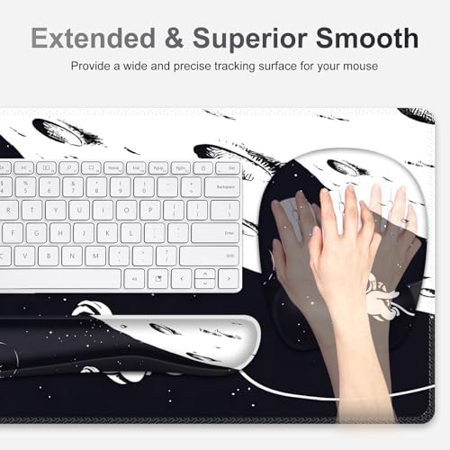 Large Mouse Pad, Keyboard Wrist Rest Set, Ergonomic, Non-slip, Washable, Wrist Support, Waterproof, 35.4 x 16 inches, Space Astronaut