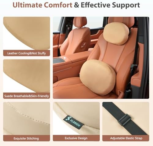 FLORICH Car Headrest and Lumbar Support Pillow for Car Office Chair, Double-Sided Skin-Friendly Suede & Leather Car Seat Pillow and Back Support, Pressure-Relieving Back Support for Car, Office Chair