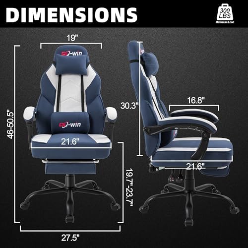 Shintenchi Big and Tall Gaming Chair Fabric Pocket Spring Cushion,High Back Recliner with Footrest and Headrest for Adults, Massage Lumbar Support for Home Office, Ergonomic Computer Desk Chair, Blue