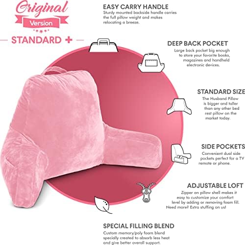 Husband Pillow Pink, Original Reading Pillow in Bed Rest Chair, Shredded Memory Foam Large Lounge Cushion Adult Backrest with Arms, Comfy Back Support for Sit Sitting Up, Washable/Removable Cover