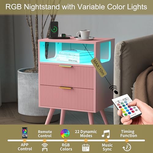 JOONEE Pink Nightstand with Charging Station and LED Lights,Modern Bedside Table with 2 Storage Drawer and Open Wood Shelf, for Bedroom and Small Spaces,Night Stand with Solid Wood Legs,Pink