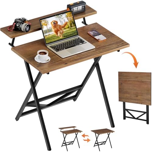 WOHOMO Folding Computer Desk with Monitor Stand, Adjustable Height, Walnut