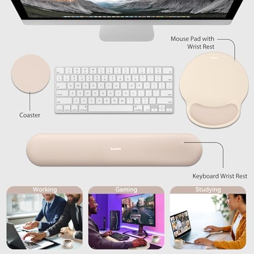 Sushret Mouse Pad and Keyboard Wrist Rest, 3-in-1 Gel Memory Foam Ergonomic Mouse Pad with Wrist Rest Set, Gaming Mousepad Arm Cushion Support for Computer Desk Accessories Cute Setup,Apricot Pink