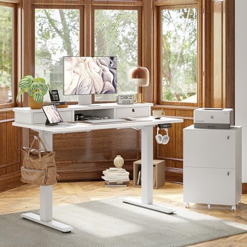 TIQLAB Standing Desk with Two Drawers, Stand Up Standing Desk Adjustable Height, Electric Sit Stand Table with Storage Shelf and Splice Board, 48 * 24 inch, White