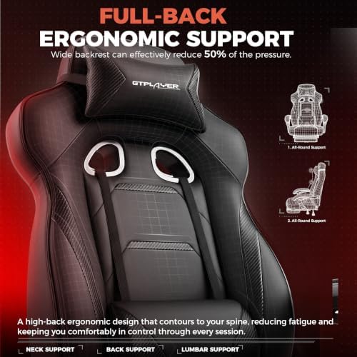 GTPLAYER Gaming Chair with Footrest, 350LBS Big and Tall Office Chair, Ergonomic High Back Lumbar Support and Recliner for Back Pain Relief, Black