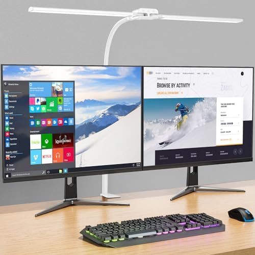 LED Desk Lamp with Clamp, Double Head for Dual Screen, 4 Color Modes,White