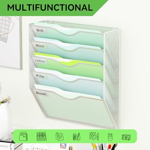 5 Pockets Hanging Wall File Organizer Mail Holder, Wall Mounted Paper Document Folder Holder, Clipboard Storage Organization Magazine Rack, Silver