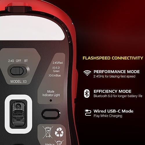 ATTACK SHARK X3 Lightweight Wireless Gaming Mouse with Tri-Mode 2.4G/USB-C Wired/Bluetooth,26K DPI, PAW3395 Optical Sensor,Kailh GM8.0 Switch,5 programmable Buttons for PC/Win/Mac(Red)