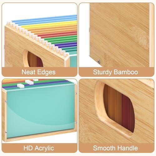 Sbanmao Letter/Legal Bamboo Acrylic File Box Organizer, Hanging File Folder Storage Boxes, Decorative Document Crate Transparent Filing Bin with Handle for Home Office Desk