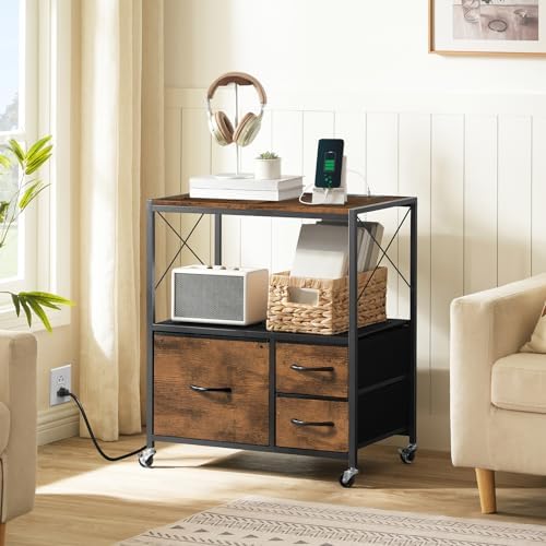 MAHANCRIS File Cabinet with Charging Station, 3 Drawer Lateral Filing Cabinet for Home Office, Mobile Printer Stand with Open Shelf, Fits A4/Letter Size File, Nonwovens Drawer, Rustic Brown FCHR98E01