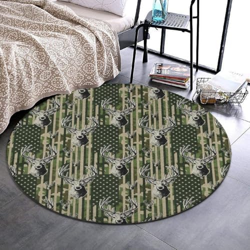 Men's Large Home Decor Mat, Soft Round Yoga Carpet, Non Slip Machine Washable Home Office Circle Rug American Flag Camouflage Hunting Deer Camo, 60inch
