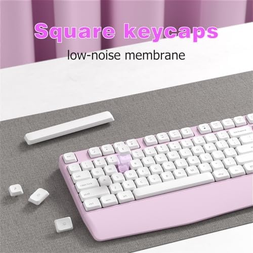 Ergonomic Wireless Keyboard and Mouse Combo with Wrist Rest (White Pink)