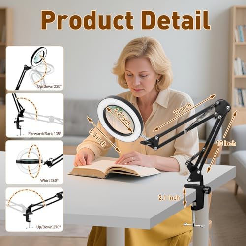KIRKAS Magnifying Glass with Light and Stand, 12X 20in Clamp